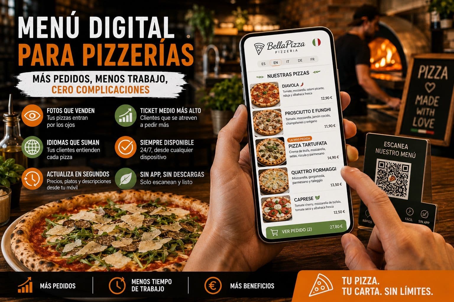Menú digital para pizzerías: cómo digitalizar tu carta y vender más sin esfuerzo